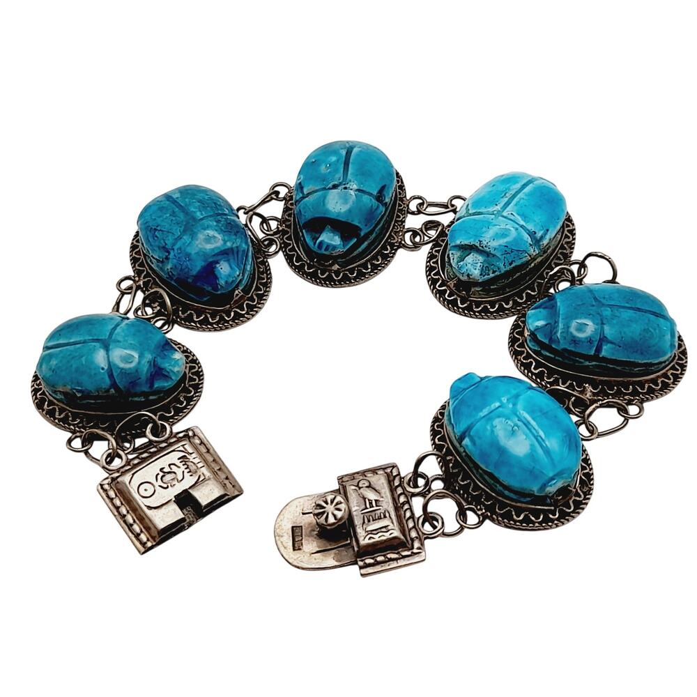Antique Art Deco Silver Egyptian Revival Scarab Bracelet